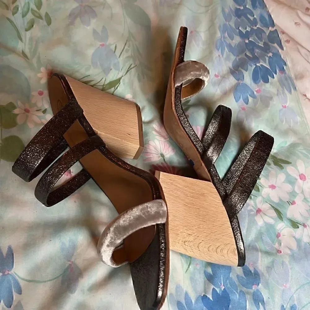 Coclico Tamara Gunmetal Velvet Strappy Heels Wood - 40.5